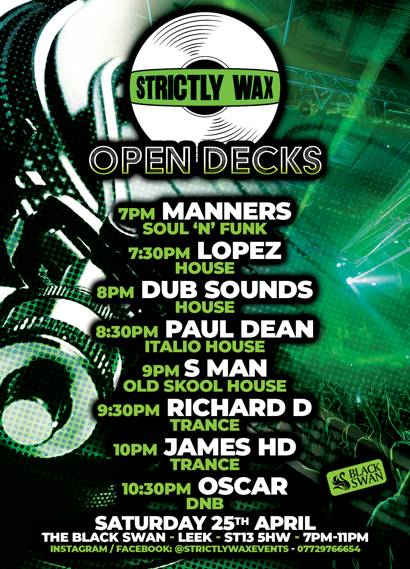 Strictly Wax open deck night at The Black Swan, Leek on 25.04.206 DJ line up and event information flyer