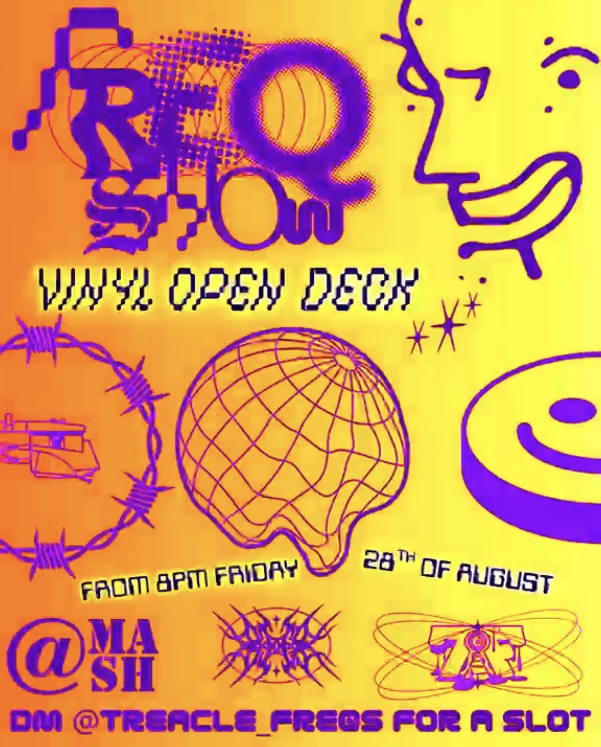 Bright poster for an event called 'Viva Open Deck' with a purple globe, barbed wire, smiley face, and bold stylized text on an orange-yellow background.